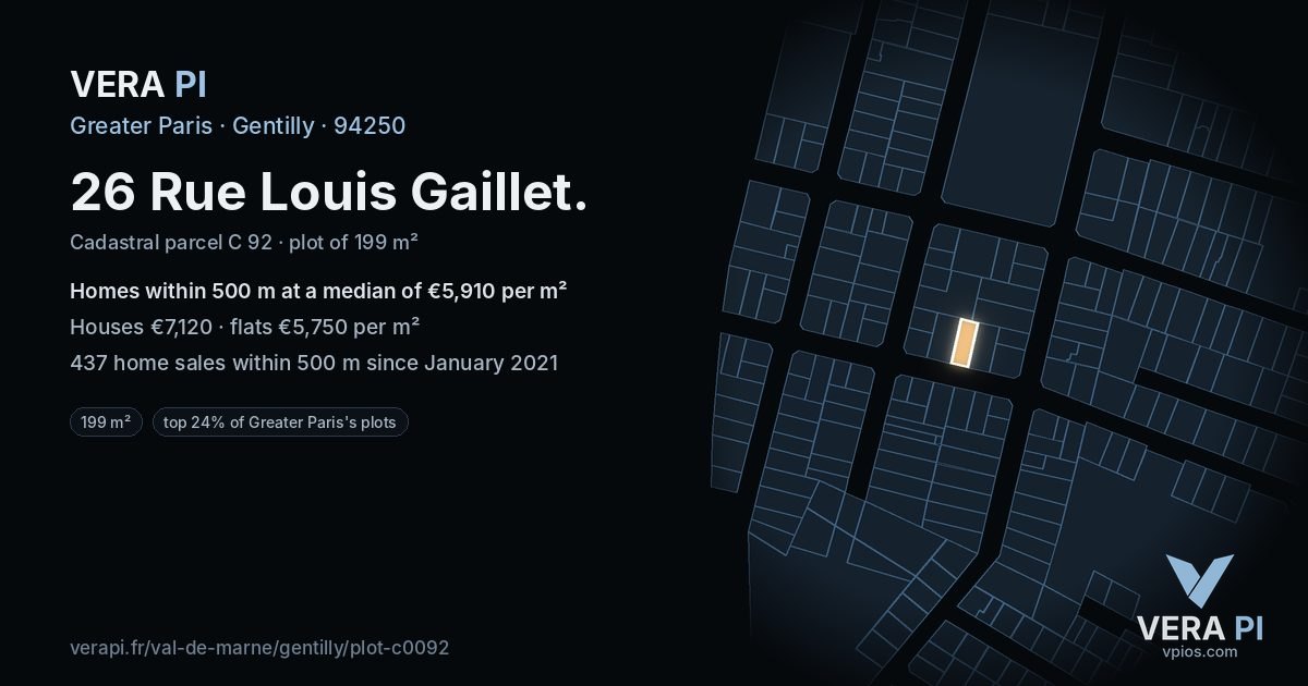 26 Rue Louis Gaillet, Gentilly at night – the plot lit, the parcels around coloured by the prices near them