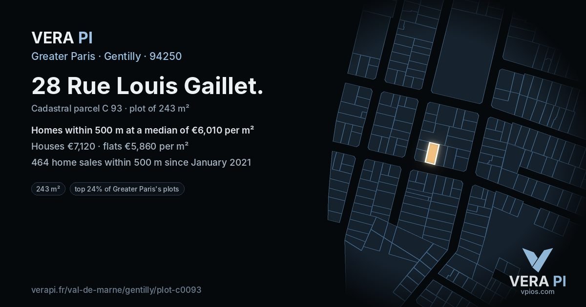 28 Rue Louis Gaillet, Gentilly at night – the plot lit, the parcels around coloured by the prices near them