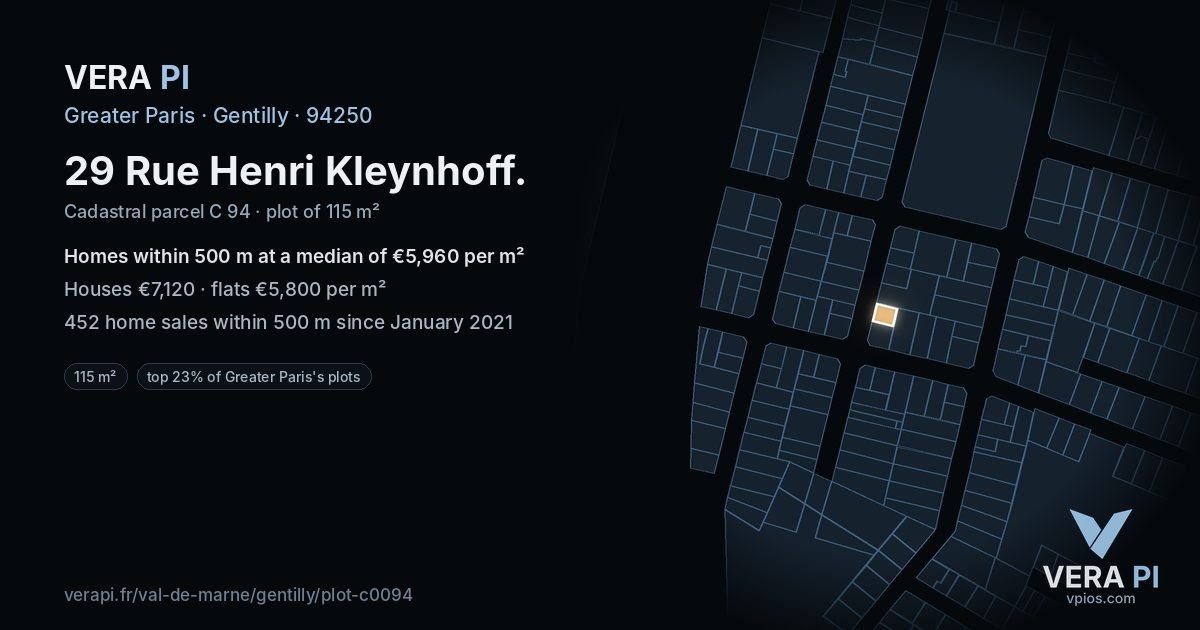 29 Rue Henri Kleynhoff, Gentilly at night – the plot lit, the parcels around coloured by the prices near them