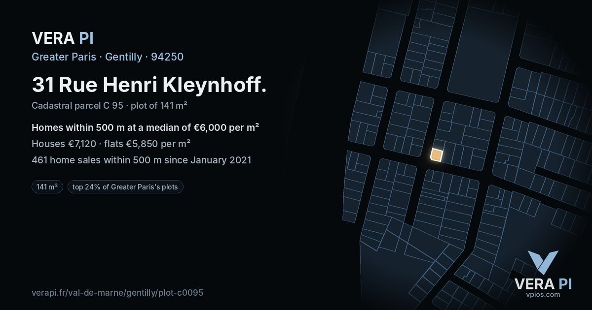31 Rue Henri Kleynhoff, Gentilly at night – the plot lit, the parcels around coloured by the prices near them
