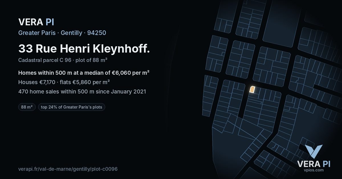 33 Rue Henri Kleynhoff, Gentilly at night – the plot lit, the parcels around coloured by the prices near them