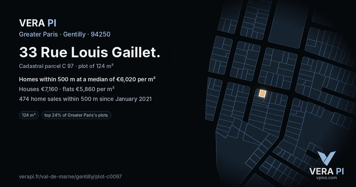 33 Rue Louis Gaillet, Gentilly at night – the plot lit, the parcels around coloured by the prices near them