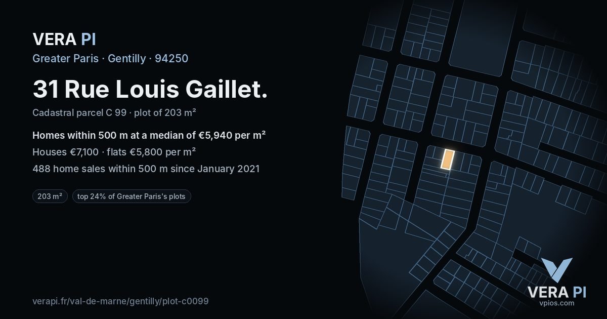 31 Rue Louis Gaillet, Gentilly at night – the plot lit, the parcels around coloured by the prices near them