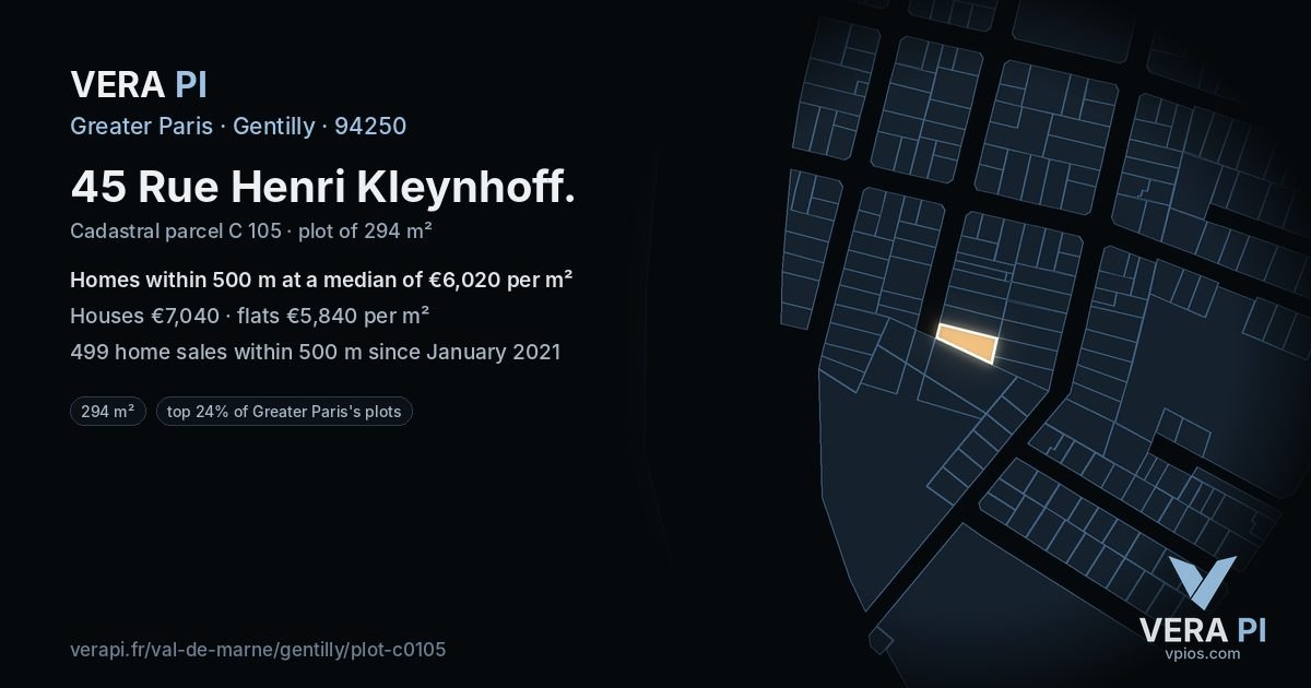 45 Rue Henri Kleynhoff, Gentilly at night – the plot lit, the parcels around coloured by the prices near them