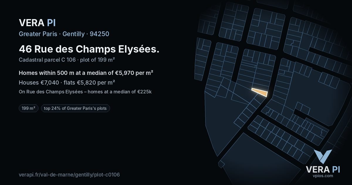 46 Rue des Champs Elysées, Gentilly at night – the plot lit, the parcels around coloured by the prices near them