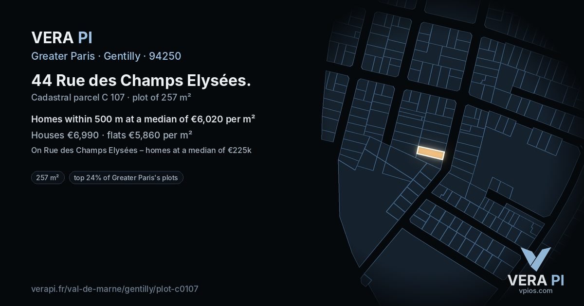 44 Rue des Champs Elysées, Gentilly at night – the plot lit, the parcels around coloured by the prices near them
