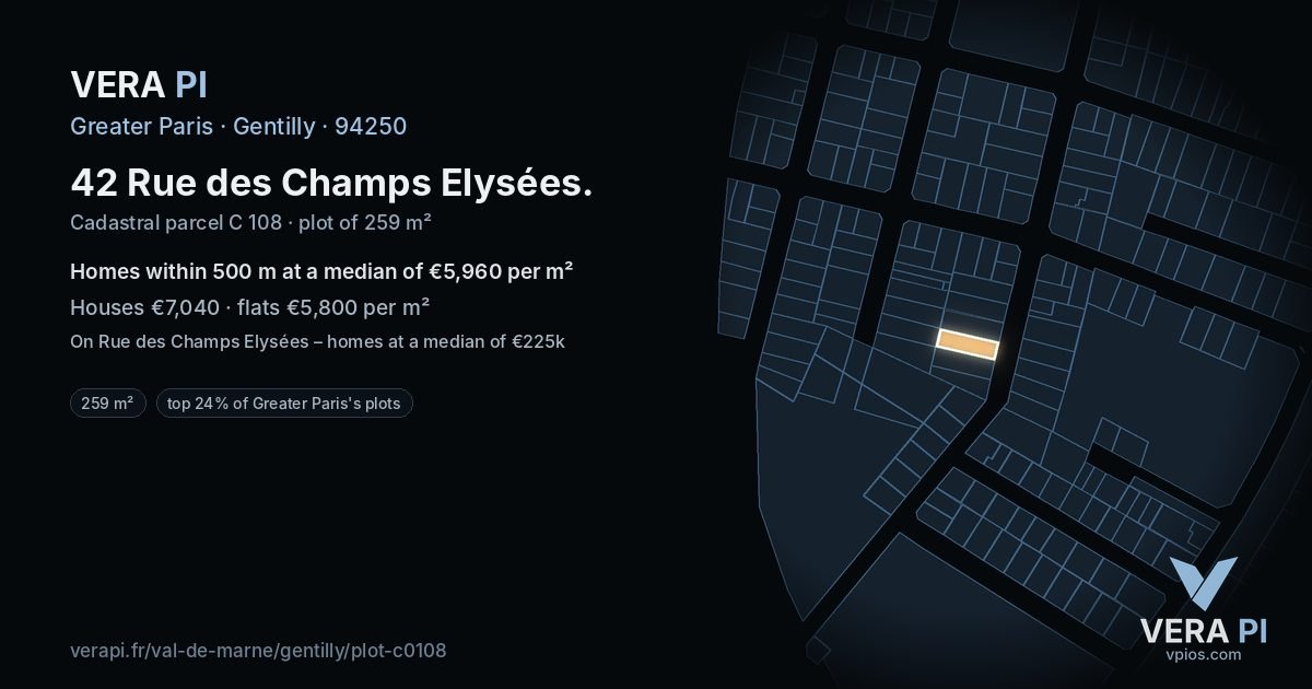 42 Rue des Champs Elysées, Gentilly at night – the plot lit, the parcels around coloured by the prices near them