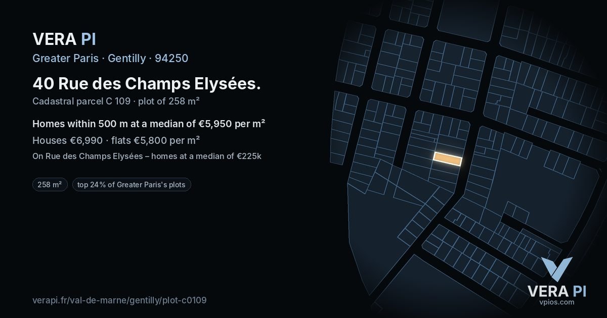 40 Rue des Champs Elysées, Gentilly at night – the plot lit, the parcels around coloured by the prices near them