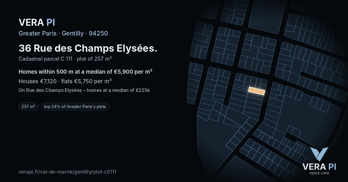 36 Rue des Champs Elysées, Gentilly at night – the plot lit, the parcels around coloured by the prices near them