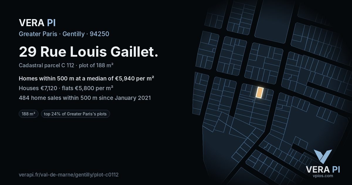 29 Rue Louis Gaillet, Gentilly at night – the plot lit, the parcels around coloured by the prices near them
