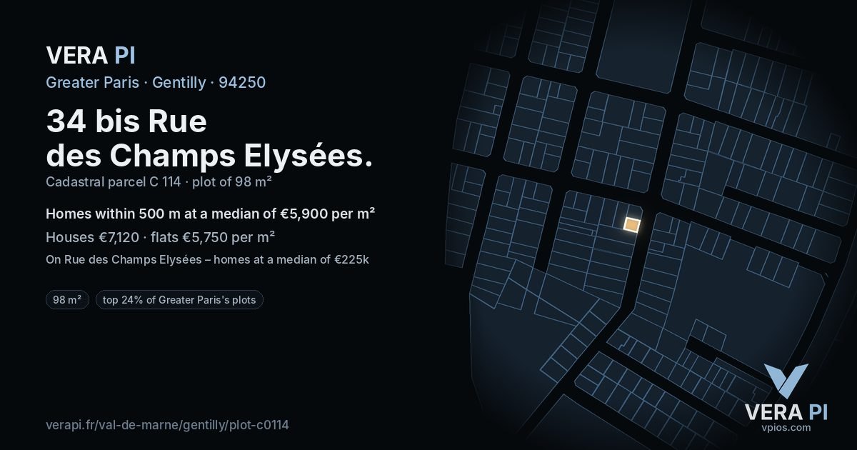34 bis Rue des Champs Elysées, Gentilly at night – the plot lit, the parcels around coloured by the prices near them