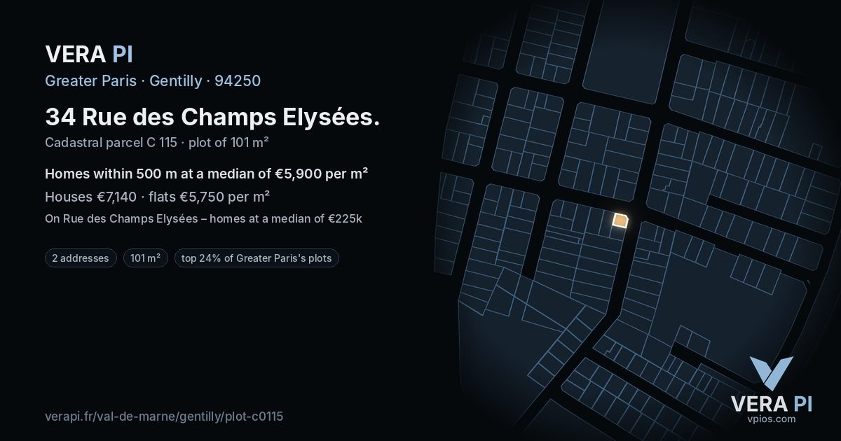 34 Rue des Champs Elysées, Gentilly at night – the plot lit, the parcels around coloured by the prices near them