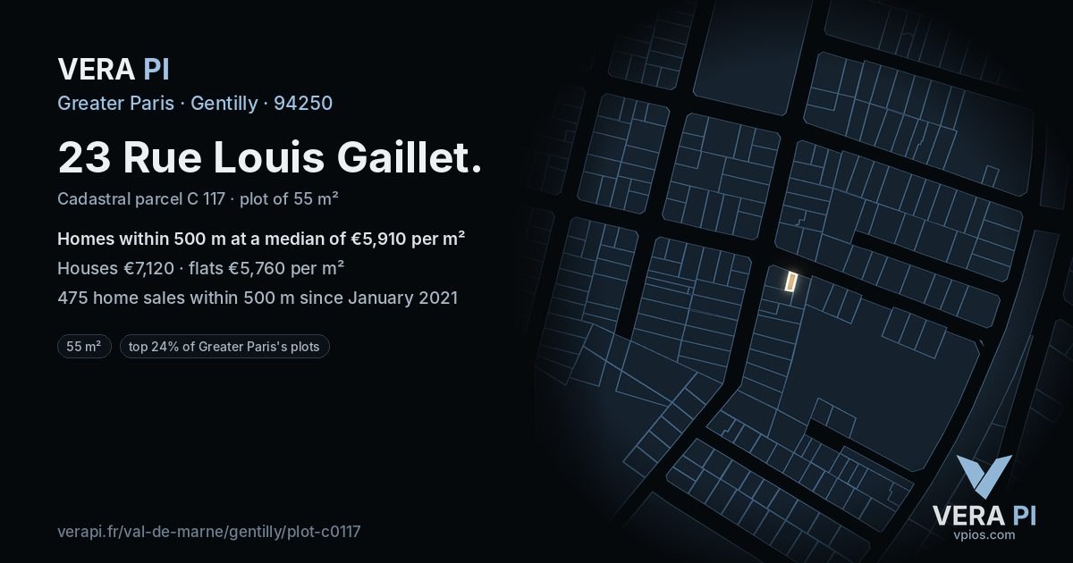 23 Rue Louis Gaillet, Gentilly at night – the plot lit, the parcels around coloured by the prices near them