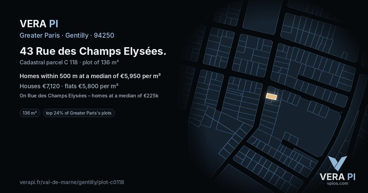 43 Rue des Champs Elysées, Gentilly at night – the plot lit, the parcels around coloured by the prices near them