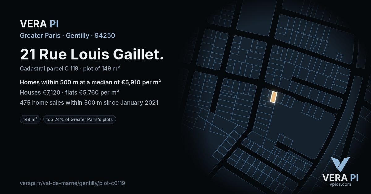 21 Rue Louis Gaillet, Gentilly at night – the plot lit, the parcels around coloured by the prices near them
