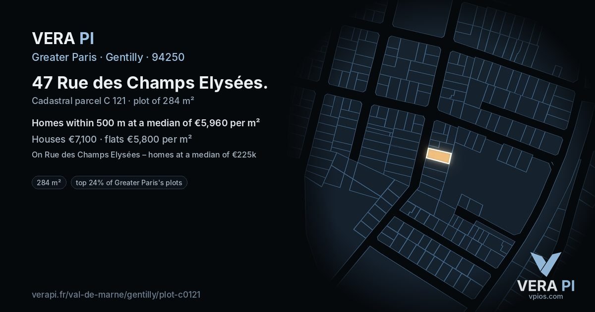 47 Rue des Champs Elysées, Gentilly at night – the plot lit, the parcels around coloured by the prices near them