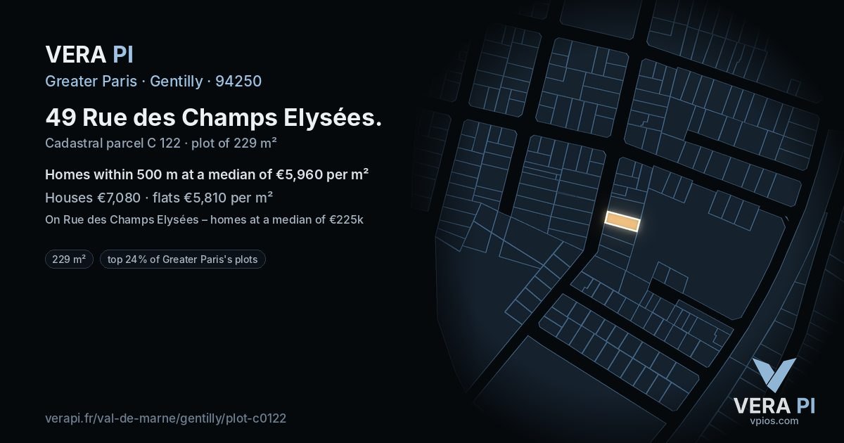 49 Rue des Champs Elysées, Gentilly at night – the plot lit, the parcels around coloured by the prices near them