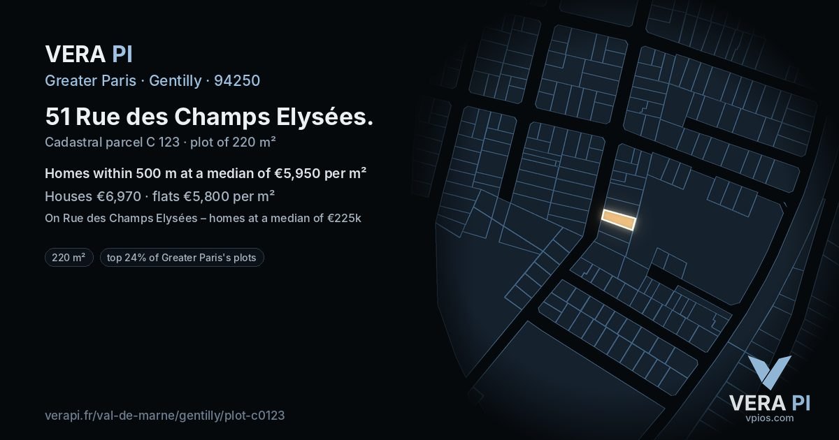 51 Rue des Champs Elysées, Gentilly at night – the plot lit, the parcels around coloured by the prices near them