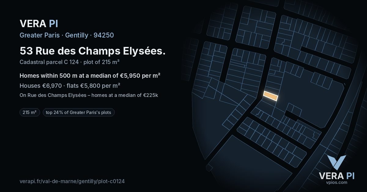 53 Rue des Champs Elysées, Gentilly at night – the plot lit, the parcels around coloured by the prices near them