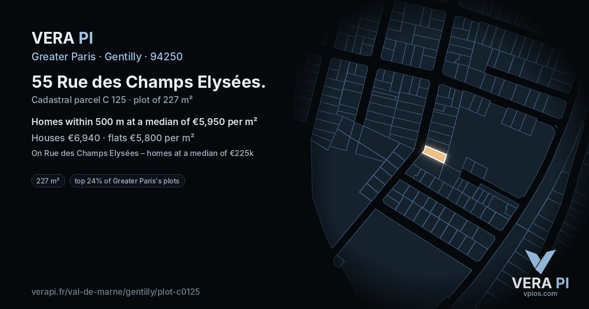 55 Rue des Champs Elysées, Gentilly at night – the plot lit, the parcels around coloured by the prices near them