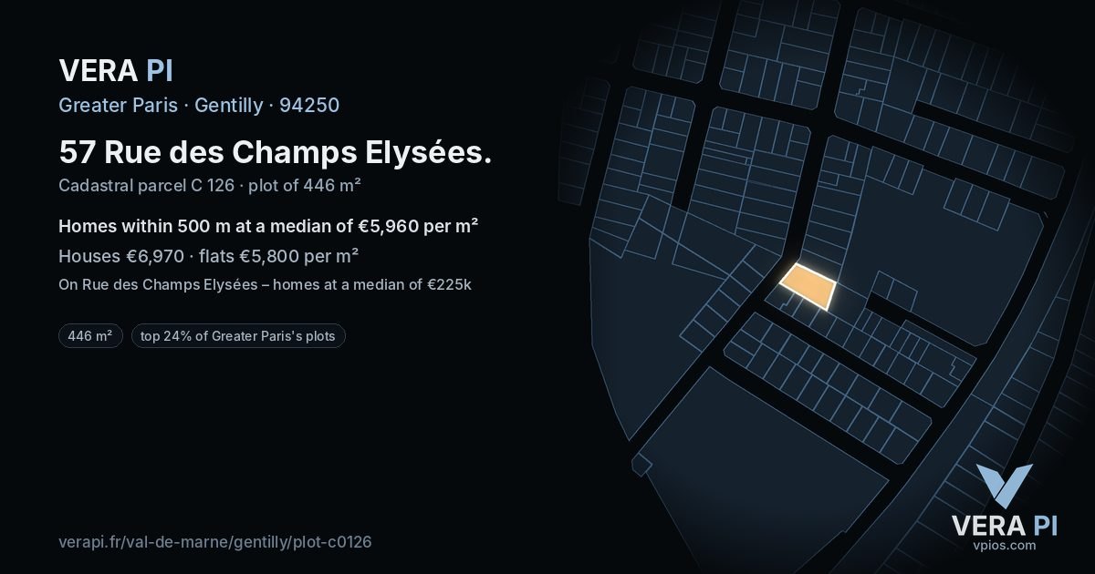 57 Rue des Champs Elysées, Gentilly at night – the plot lit, the parcels around coloured by the prices near them