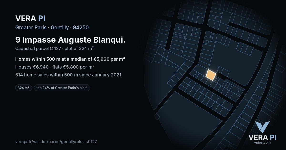 9 Impasse Auguste Blanqui, Gentilly at night – the plot lit, the parcels around coloured by the prices near them