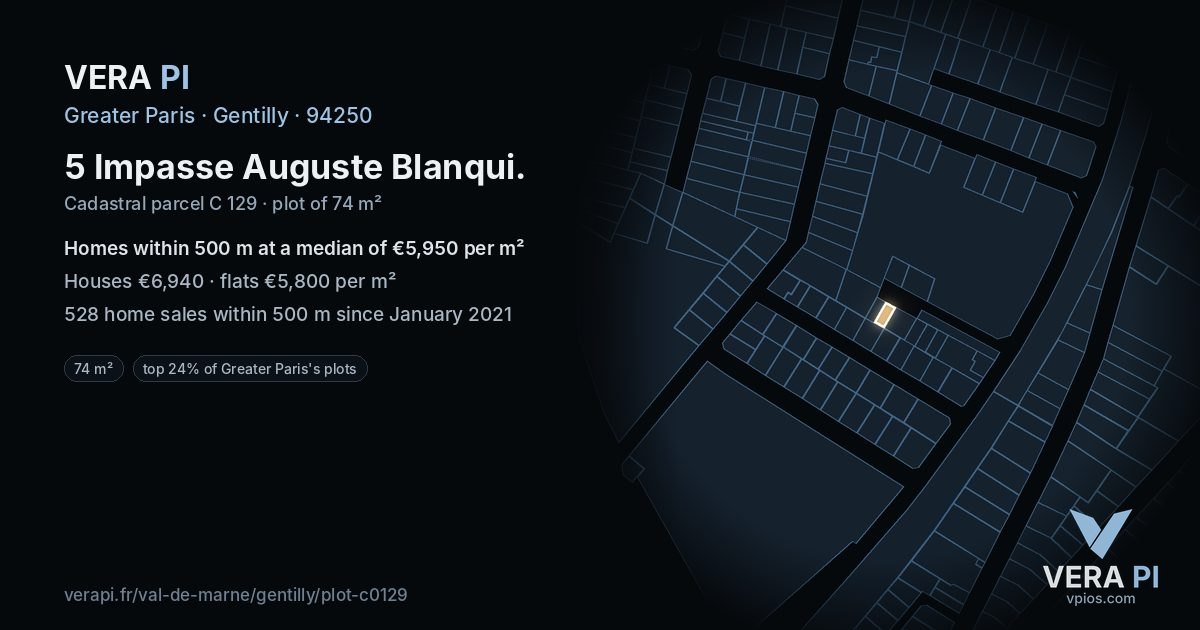 5 Impasse Auguste Blanqui, Gentilly at night – the plot lit, the parcels around coloured by the prices near them