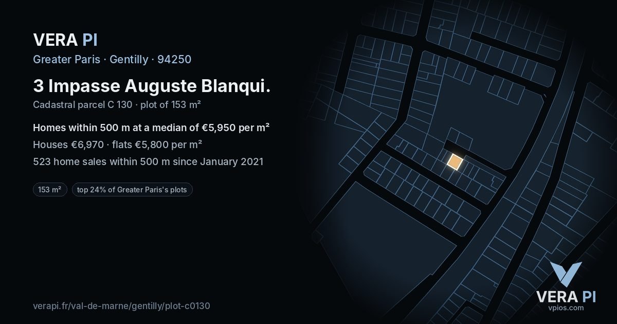 3 Impasse Auguste Blanqui, Gentilly at night – the plot lit, the parcels around coloured by the prices near them