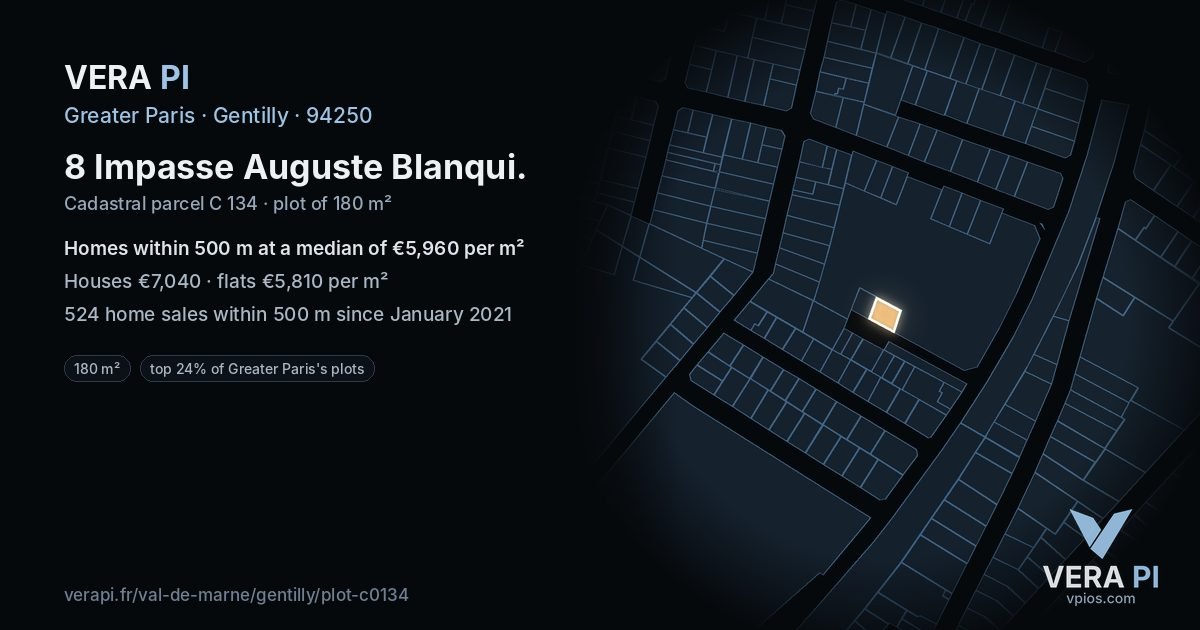 8 Impasse Auguste Blanqui, Gentilly at night – the plot lit, the parcels around coloured by the prices near them