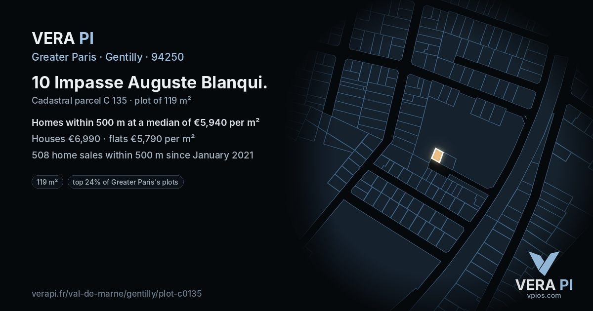 10 Impasse Auguste Blanqui, Gentilly at night – the plot lit, the parcels around coloured by the prices near them