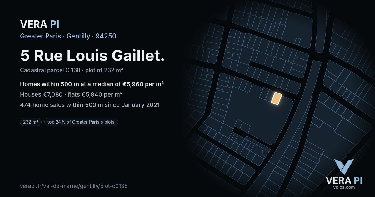 5 Rue Louis Gaillet, Gentilly at night – the plot lit, the parcels around coloured by the prices near them