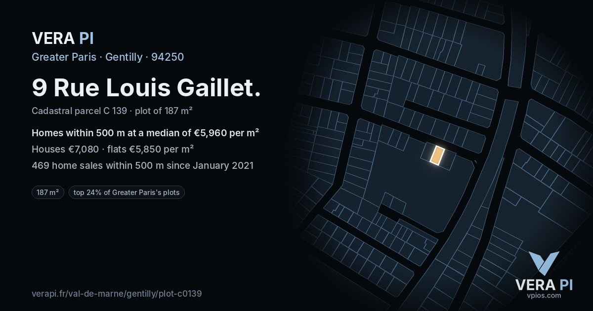 9 Rue Louis Gaillet, Gentilly at night – the plot lit, the parcels around coloured by the prices near them
