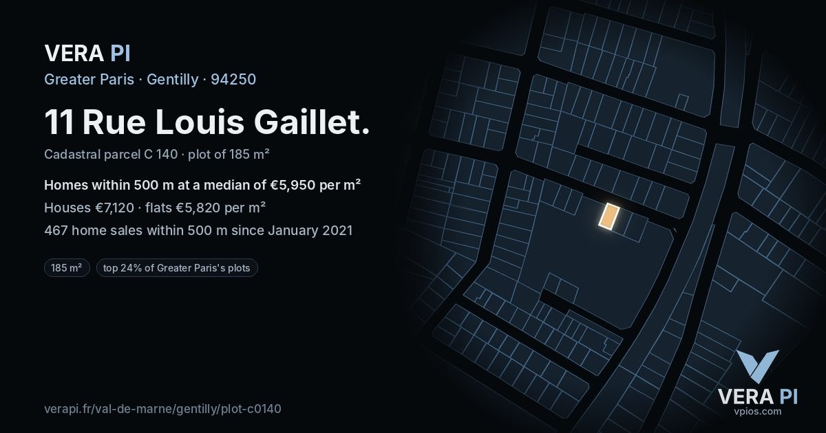 11 Rue Louis Gaillet, Gentilly at night – the plot lit, the parcels around coloured by the prices near them