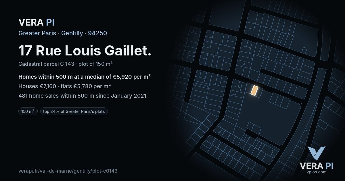 17 Rue Louis Gaillet, Gentilly at night – the plot lit, the parcels around coloured by the prices near them