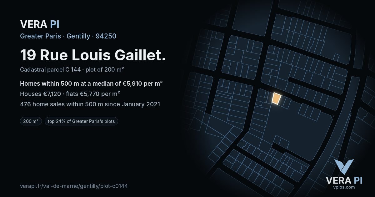 19 Rue Louis Gaillet, Gentilly at night – the plot lit, the parcels around coloured by the prices near them