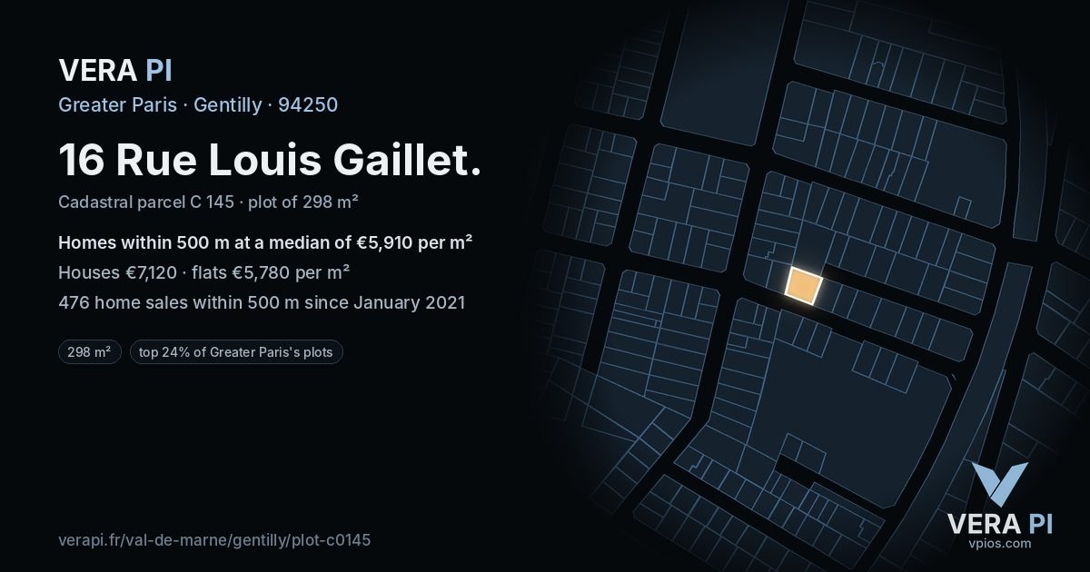 16 Rue Louis Gaillet, Gentilly at night – the plot lit, the parcels around coloured by the prices near them