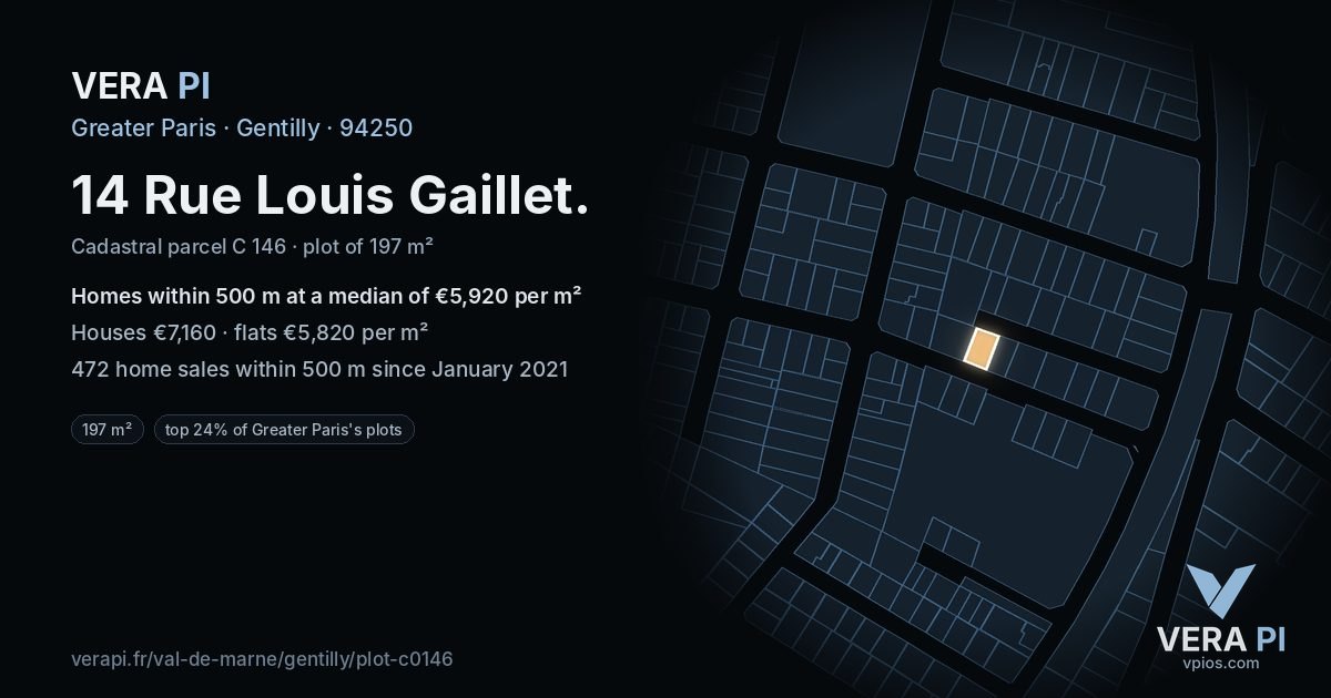14 Rue Louis Gaillet, Gentilly at night – the plot lit, the parcels around coloured by the prices near them