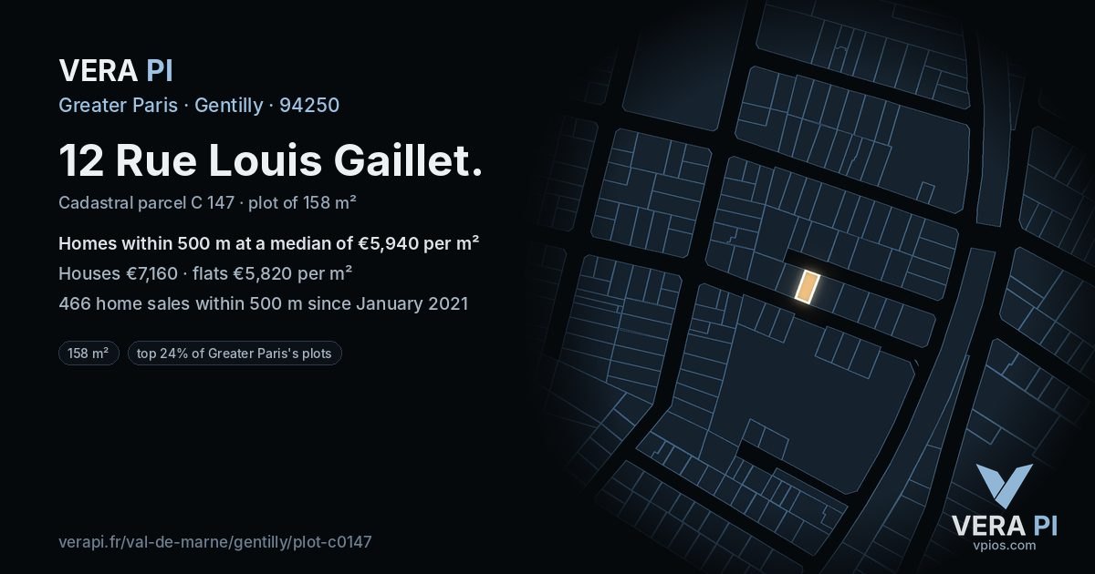 12 Rue Louis Gaillet, Gentilly at night – the plot lit, the parcels around coloured by the prices near them