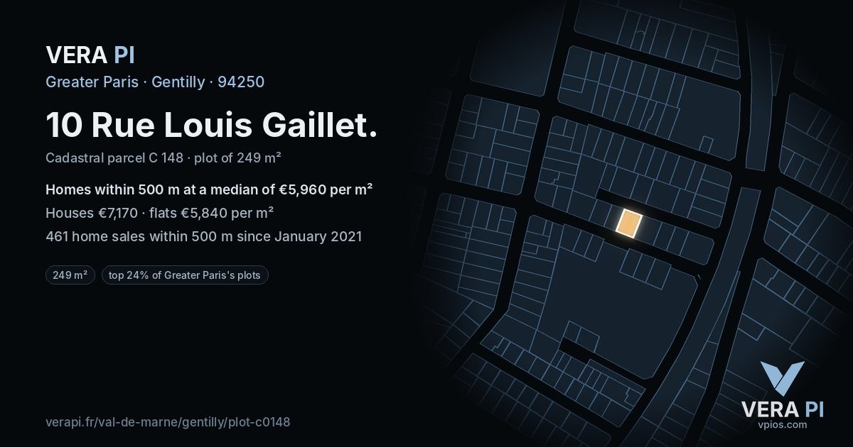 10 Rue Louis Gaillet, Gentilly at night – the plot lit, the parcels around coloured by the prices near them