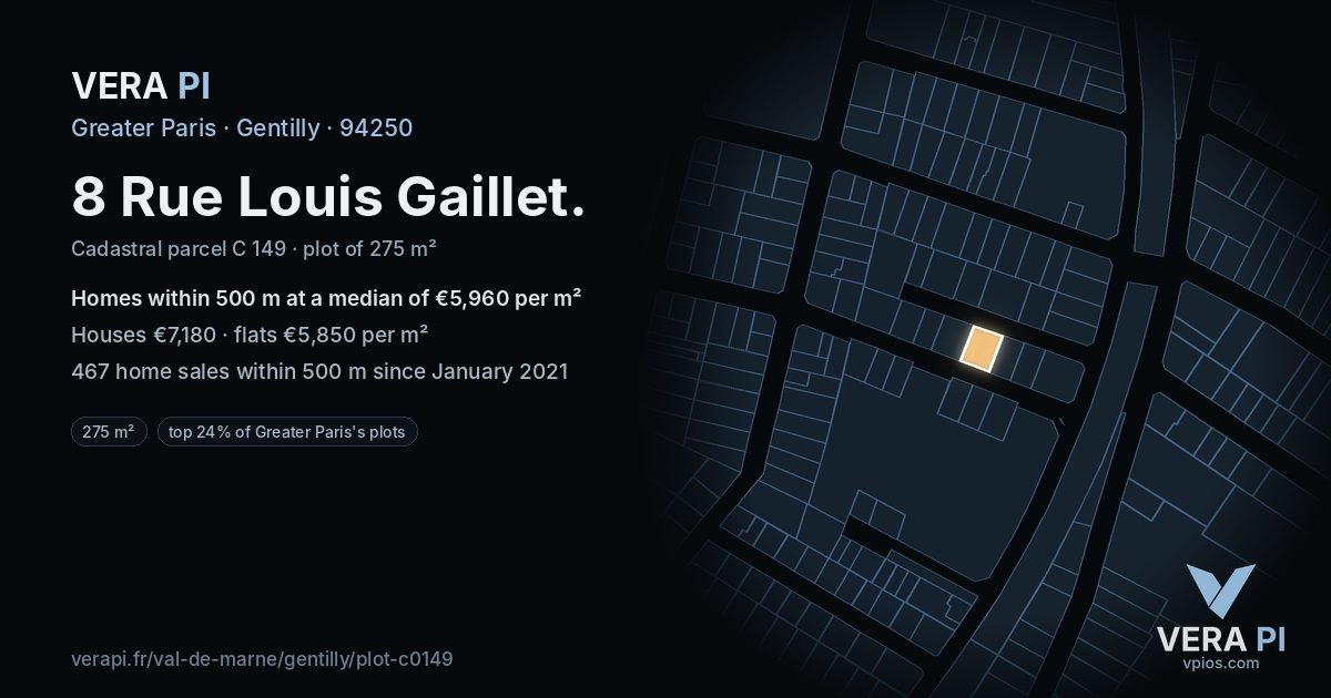 8 Rue Louis Gaillet, Gentilly at night – the plot lit, the parcels around coloured by the prices near them