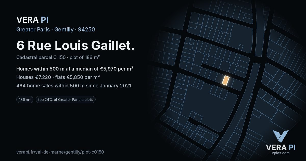 6 Rue Louis Gaillet, Gentilly at night – the plot lit, the parcels around coloured by the prices near them