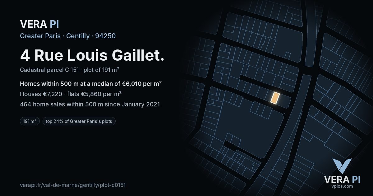4 Rue Louis Gaillet, Gentilly at night – the plot lit, the parcels around coloured by the prices near them