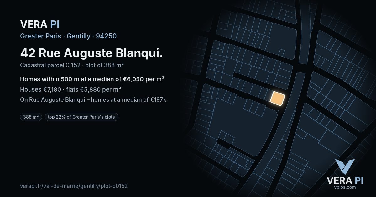 42 Rue Auguste Blanqui, Gentilly at night – the plot lit, the parcels around coloured by the prices near them