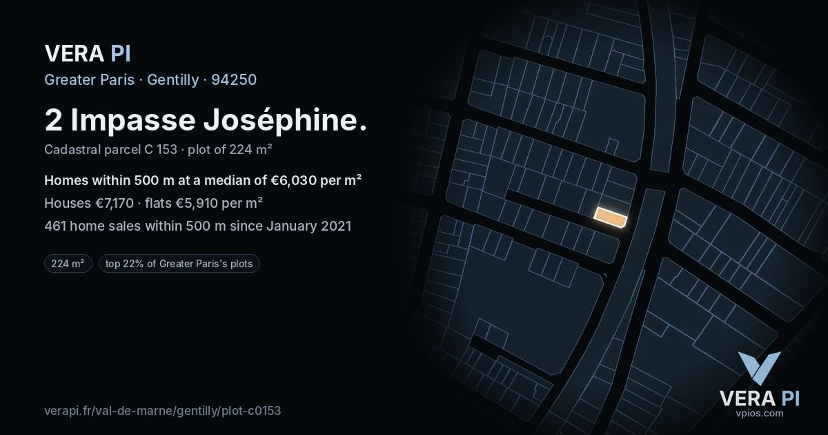 2 Impasse Joséphine, Gentilly at night – the plot lit, the parcels around coloured by the prices near them