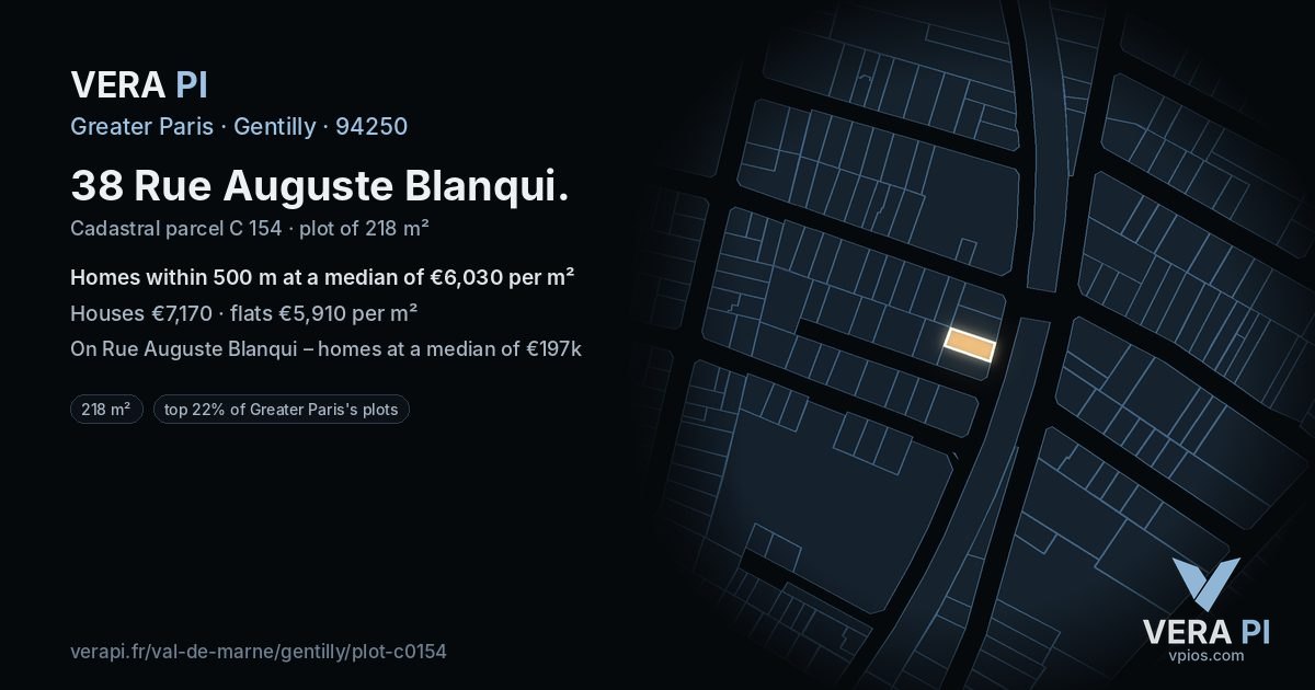 38 Rue Auguste Blanqui, Gentilly at night – the plot lit, the parcels around coloured by the prices near them