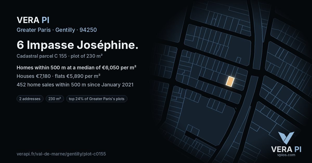 6 Impasse Joséphine, Gentilly at night – the plot lit, the parcels around coloured by the prices near them