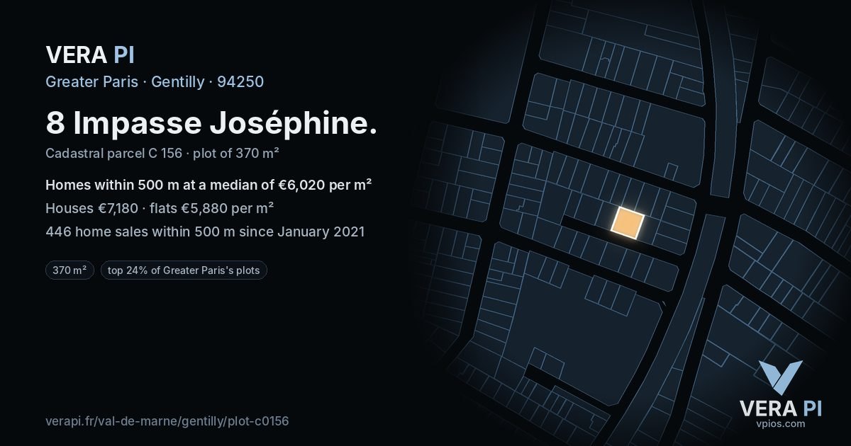 8 Impasse Joséphine, Gentilly at night – the plot lit, the parcels around coloured by the prices near them