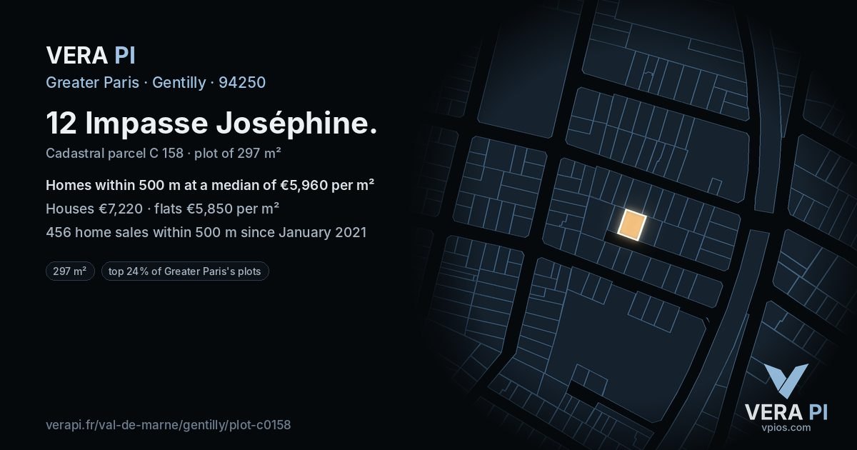 12 Impasse Joséphine, Gentilly at night – the plot lit, the parcels around coloured by the prices near them