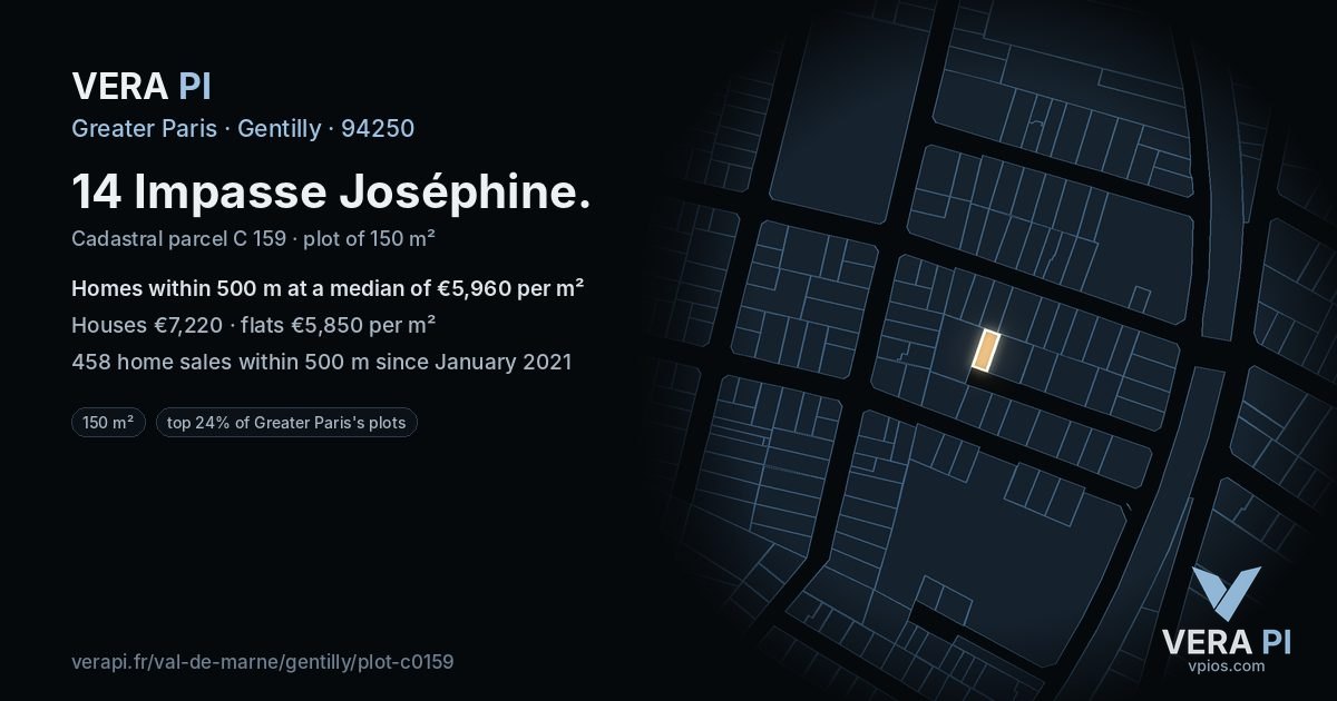 14 Impasse Joséphine, Gentilly at night – the plot lit, the parcels around coloured by the prices near them