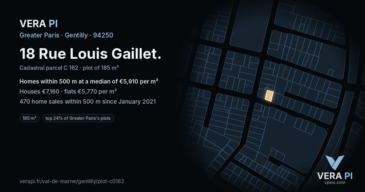 18 Rue Louis Gaillet, Gentilly at night – the plot lit, the parcels around coloured by the prices near them
